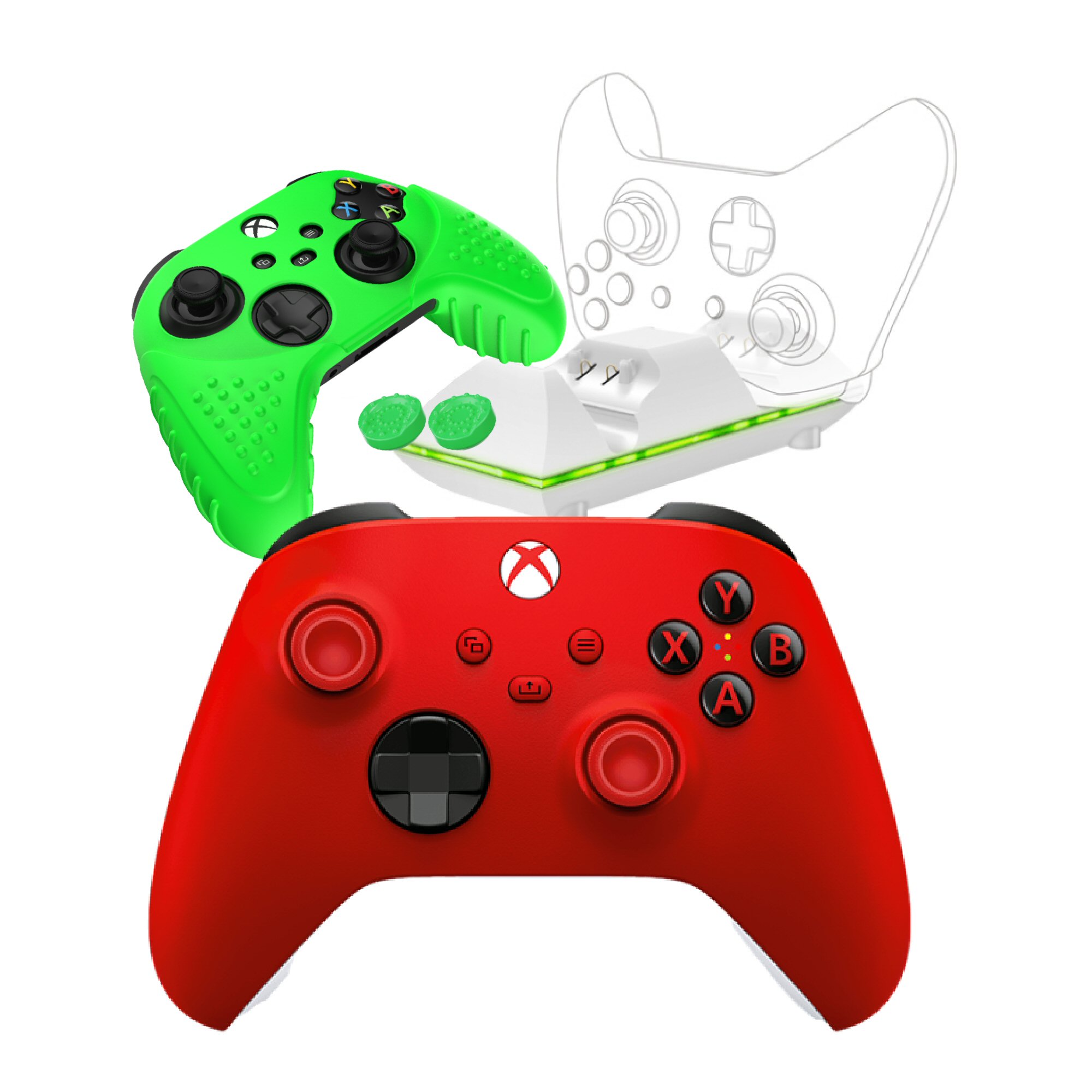 חבילת גיימינג ל xBox שלט אלחוטי מקורי אדום+מטען זוגי לשלטים+כיסוי סיליקון לשלט+סטיקים לשלט