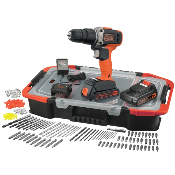 סט מקדחה דופקת/מברגה+אביזרים BLACK DECKER 18V