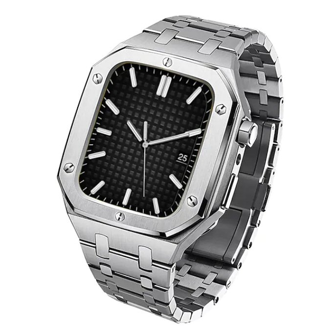 רצועת סיליקון&Apple Watch 44/45mm Hualimei Luxury Metal Case כסוף