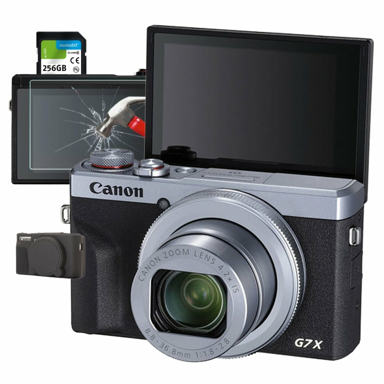 חבילת מצלמה ‏קומפקטית Canon PowerShot G7 X Mark III כסוף עם כרטיס זיכרון 256GB, מגן מסך נגד שברים וכיסוי סיליקון