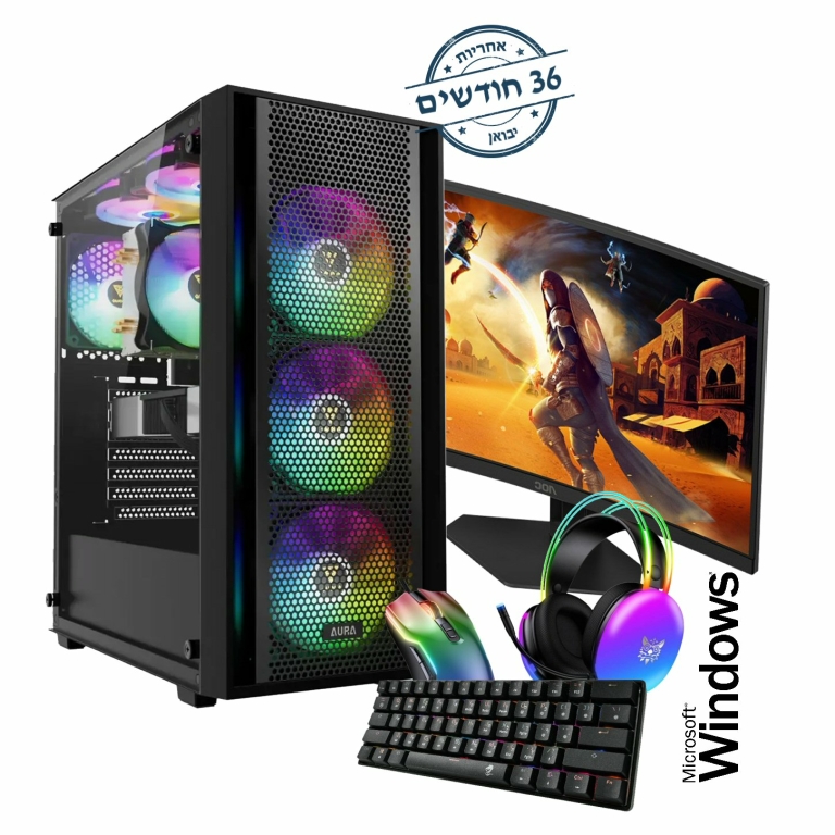 חבילת גיימינג AMD Ryzen 5 5500, RTX 3050, 16GB, 500GB, מסך גיימינג מקצועי קעור 27 עם 240Hz, ערכת גיימינג מקצועית ומערכת הפעלה דגם IT078