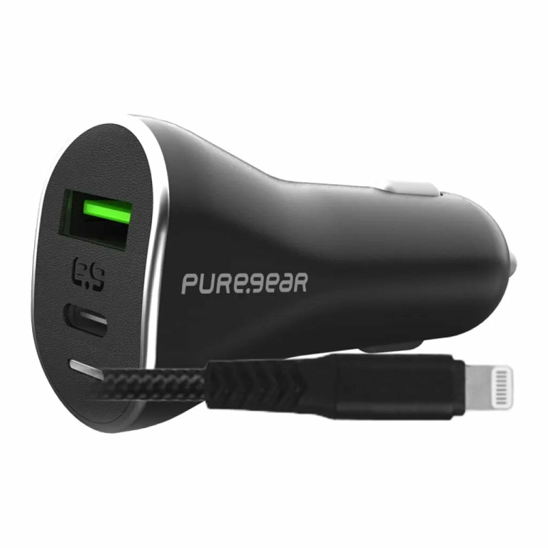 מטען רכב משולב PureGear GaN II Charger 53W עם כניסות USB-C+USB-A וכבל Lightning