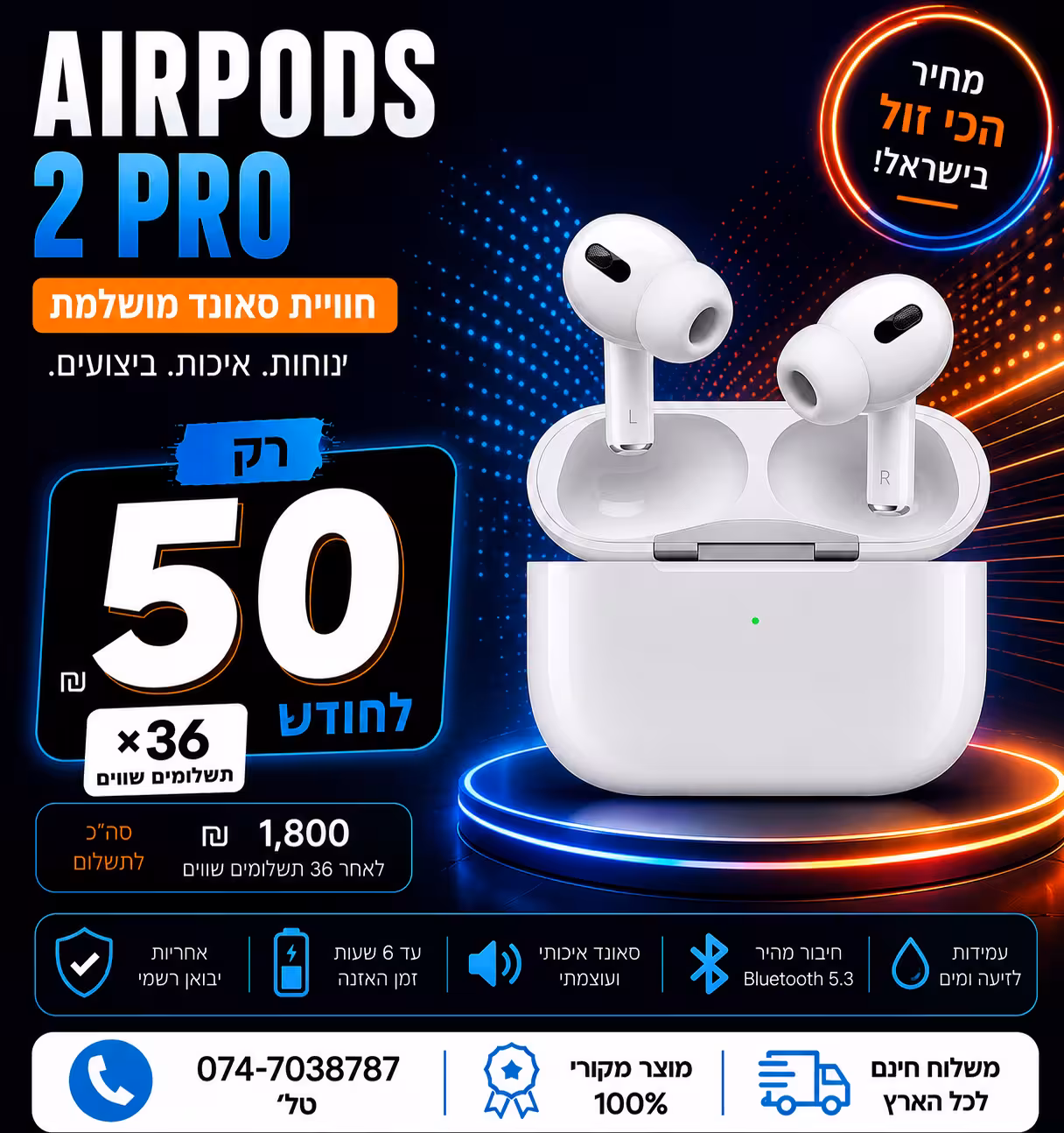 אוזניות Apple AirPods PRO 2 ב 50₪ בחודש ל 36 חודשים בהוראת קבע ללא תפיסת מסגרת האשראי
